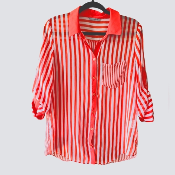 Me Sense Bright Orange & White Striped Collar Sheer Chiffon Button Up Blouse Top - Picture 2 of 11